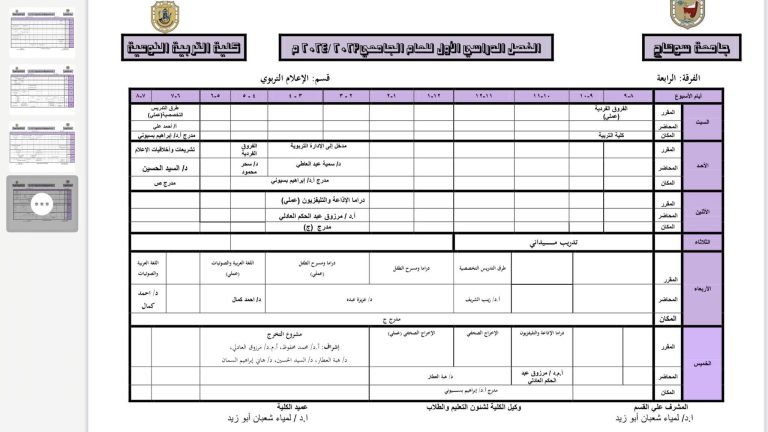 جدول الفرقة الرابعه اعلام تربوي