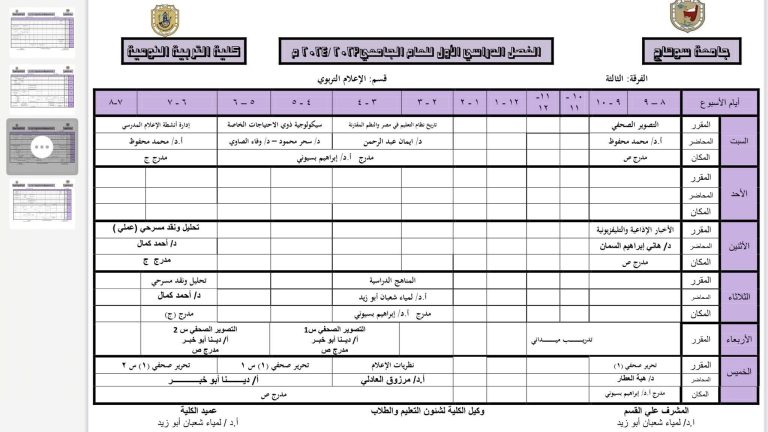 جدول الفرقة الثالثة اعلام تربوي