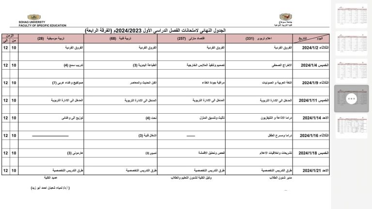 الجدول النهائي لامتحانات (الفرقة الرابعة ) الفصل الدراسي الاول 2024/2023
