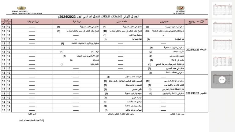 الجدول النهائي لامتحانات التخلفات الفصل الدراسي الاول 2024/2023