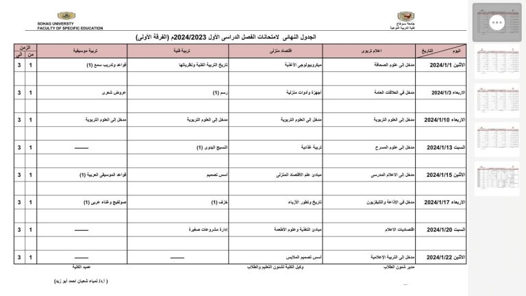 الجدول النهائي ( الفرقة الاولي ) لامتحانات الفصل الدراسي الاول 2024/2023