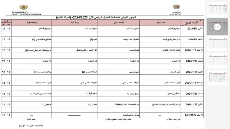 الجدول النهائي لامتحانات (الفرقة الثانية ) الفصل الدراسي الاول 2024/2023