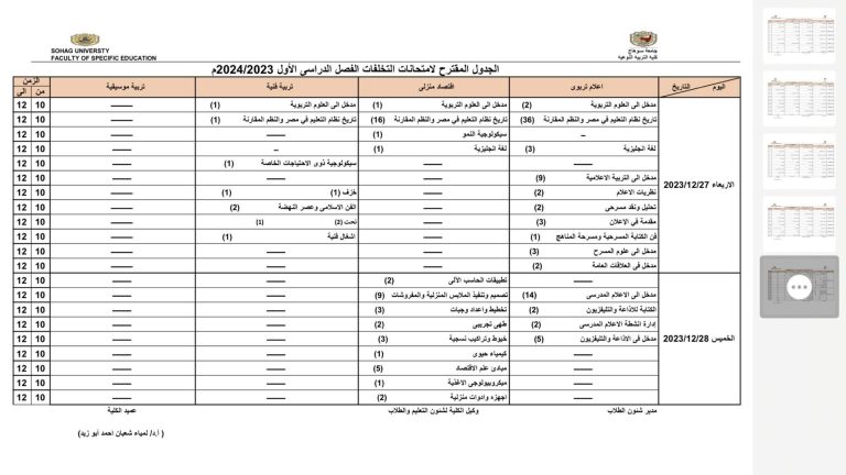 الجدول المقترح لامتحان التخلفات الفصل الدراسي الاول 2024/2023