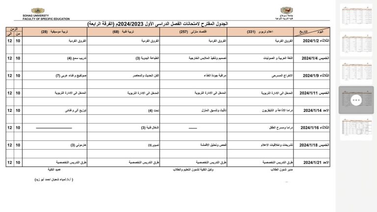الجدول المقترح لامتحانات الفرقة الرابعة 2024/2023