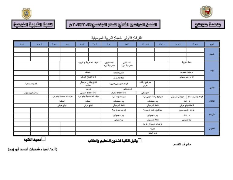 جدول محاضرات قسم التربية الموسيقية  الفرقة الاولي الفصل الدراسي الثاني