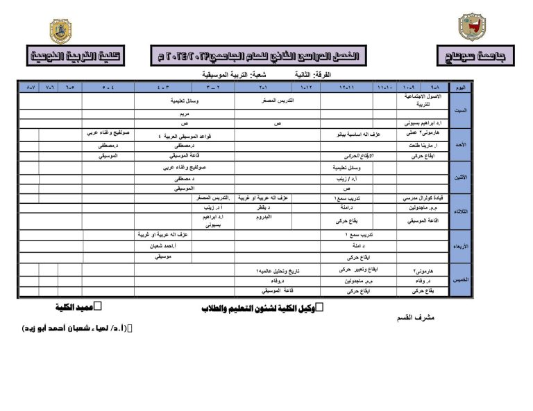 جدول محاضرات قسم التربية الموسيقية الفرقة الثانية الفصل الدراسي الثاني