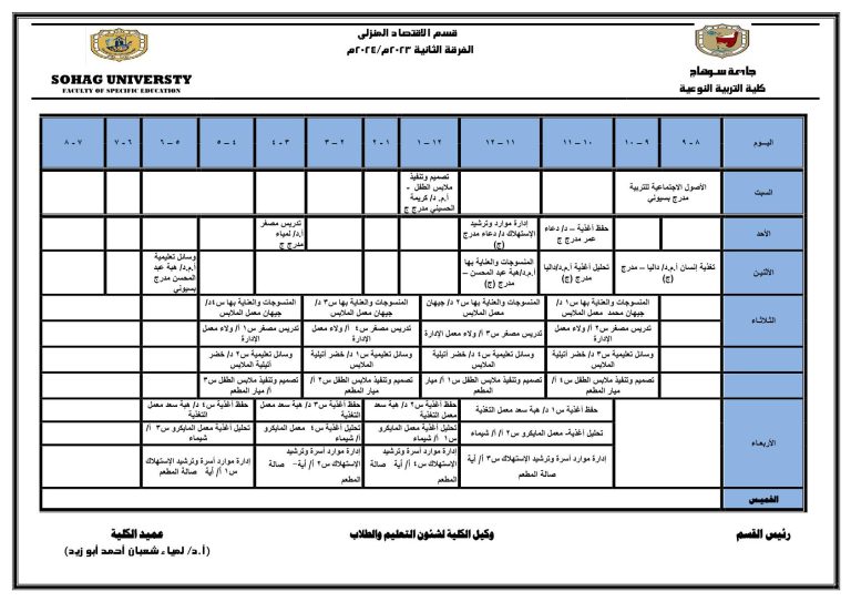 جدول محاضرات قسم الاقتصاد المنزلي الفرقة الثانية الفصل الدراسي الثاني