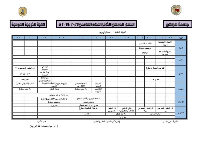 جدول المحاضرات لقسم الإعلام التربوي الفرقة الثانية  الفصل الدراسي الثاني