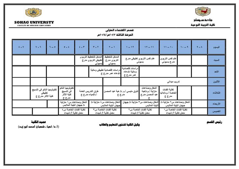 جدول محاضرات قسم الاقتصاد المنزلي الفرقة الثالثة الفصل الدراسي الثاني