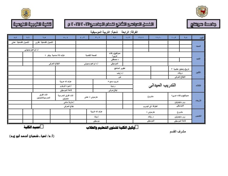 جدول محاضرات قسم التربية الموسيقية الفرقة الرابعة الفصل الدراسي الثاني