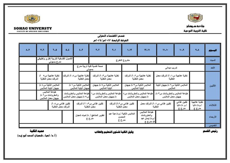 جدول محاضرات قسم الاقتصاد المنزلي الفرقة الرابعة  الفصل الدراسي الثاني