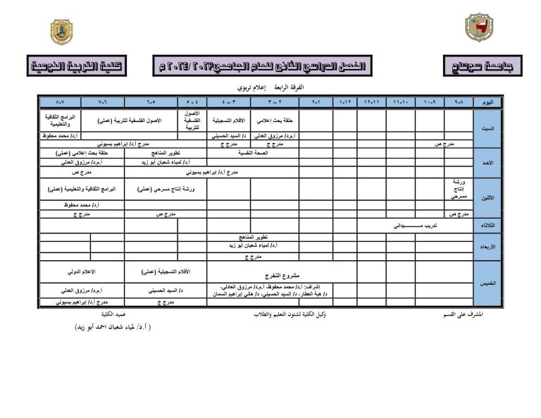 جدول المحاضرات لقسم الإعلام التربوي الفرقة الرابعة الفصل الدراسي الثاني