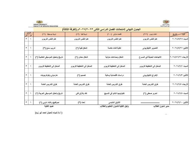 الجدول النهائي لامتحانات الفصل الدراسي الثاني 2024/2023(الفرقة الثالثه )