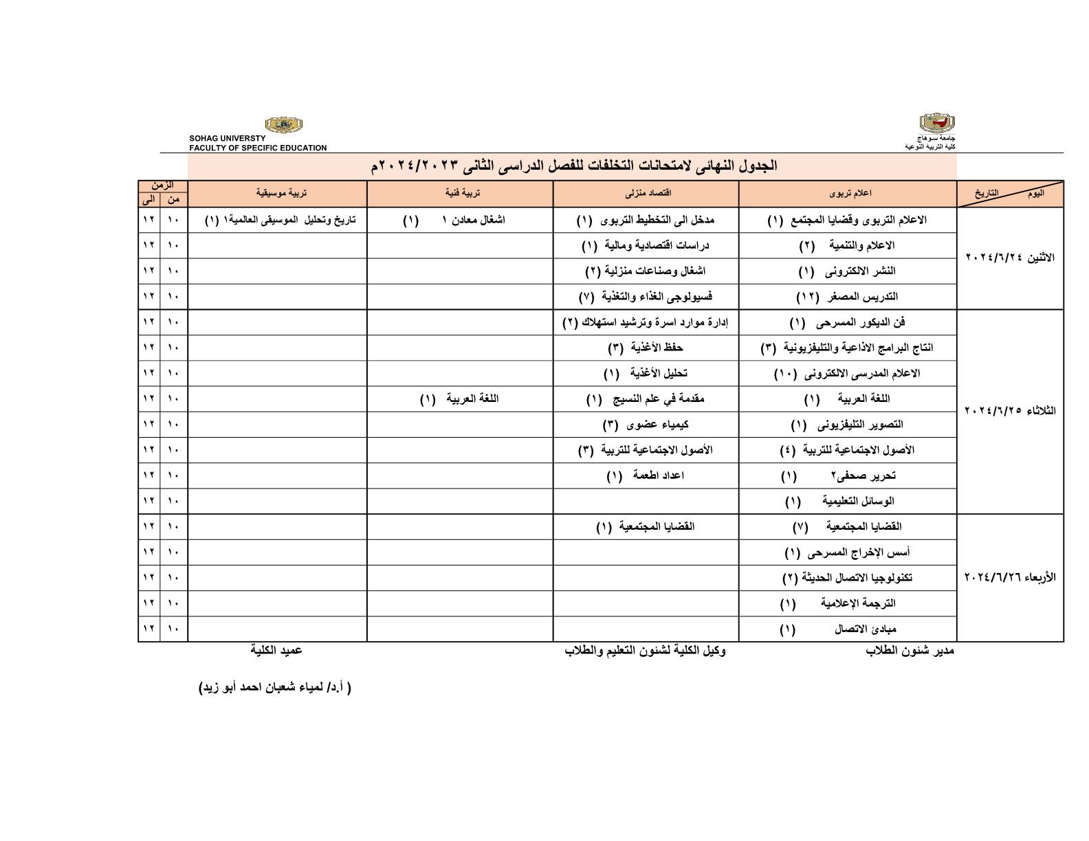 الجدول النهائي لامتحانات التخلفات للفصل الدراسي الثاني 2024/2023 للفرق الاربعه