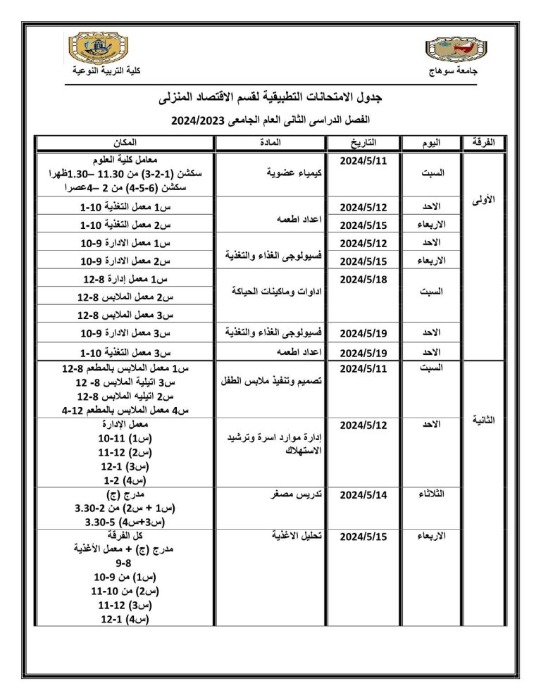 جدول الامتحانات التطبيقية النهائي لقسم الاقتصاد المنزلي