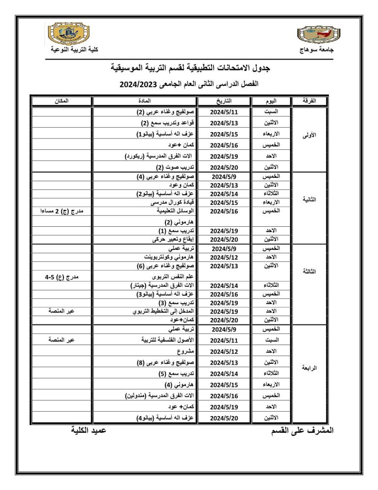 جدول الامتحانات التطبيقية النهائي لقسم التربية الموسيقية