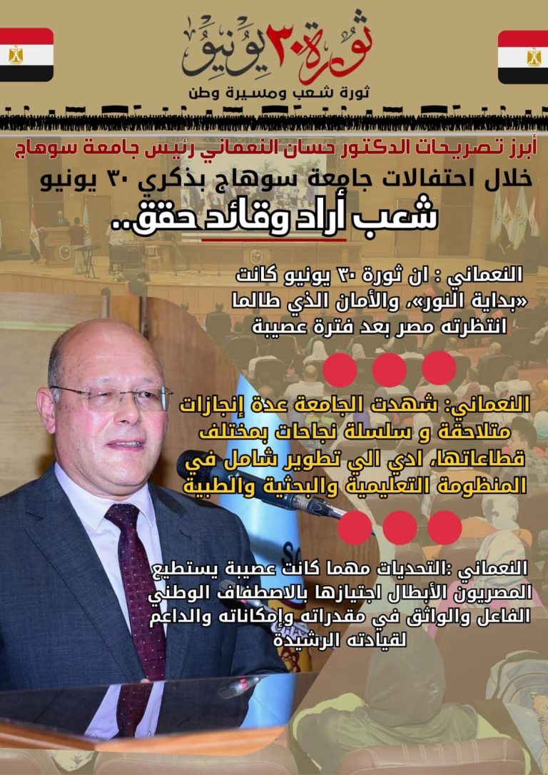 أبرز تصريحات الدكتور حسن النعماني رئيس جامعة سوهاج خلال احتفالات الجامعة بثورة 30 يونيو.