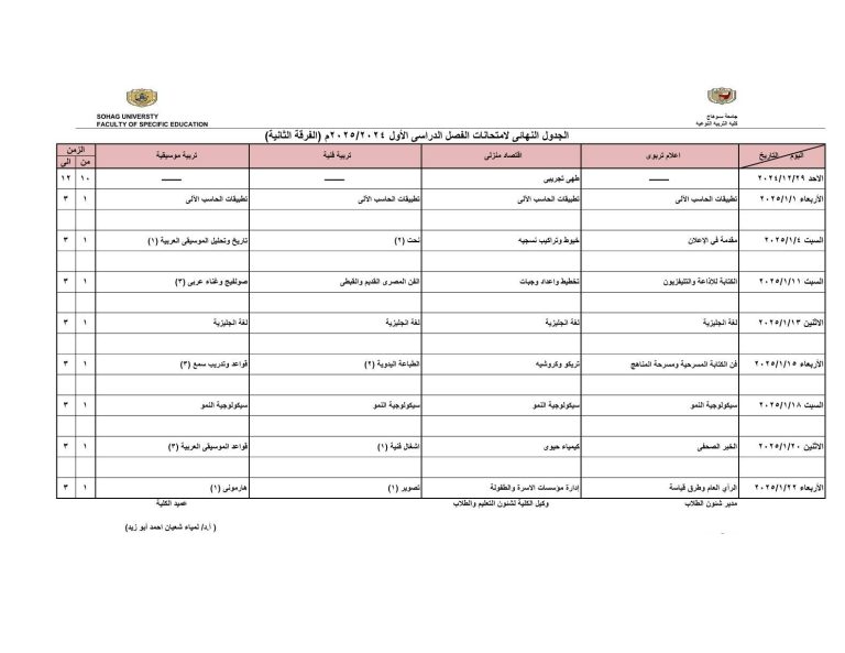 الجدول النهائي لامتحانات الفصل الدراسي الاول 2025/2024 (الفرقة الثانية )