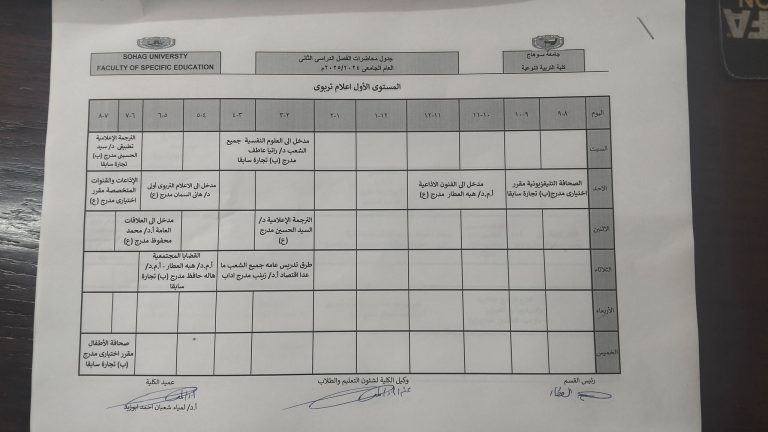 جدول المستوى الأول اعلام تربوي الفصل الدراسي الثاني