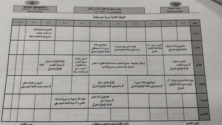 جدول محاضرات المستوى الثاني تربية موسيقية الفصل الدراسي الثاني