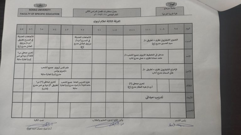 جدول المستوى الثالث اعلام تربوي الفصل الدراسي الثاني