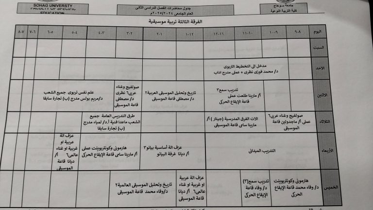 جدول محاضرات المستوى الثالث تربية موسيقية الفصل الدراسي الثاني