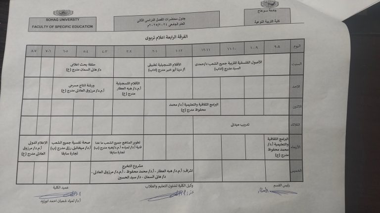 جدول المستوى الرابع  اعلام تربوي الفصل الدراسي الثاني