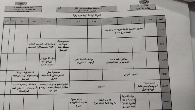 جدول محاضرات المستوى الرابع تربية موسيقية الفصل الدراسي الثاني