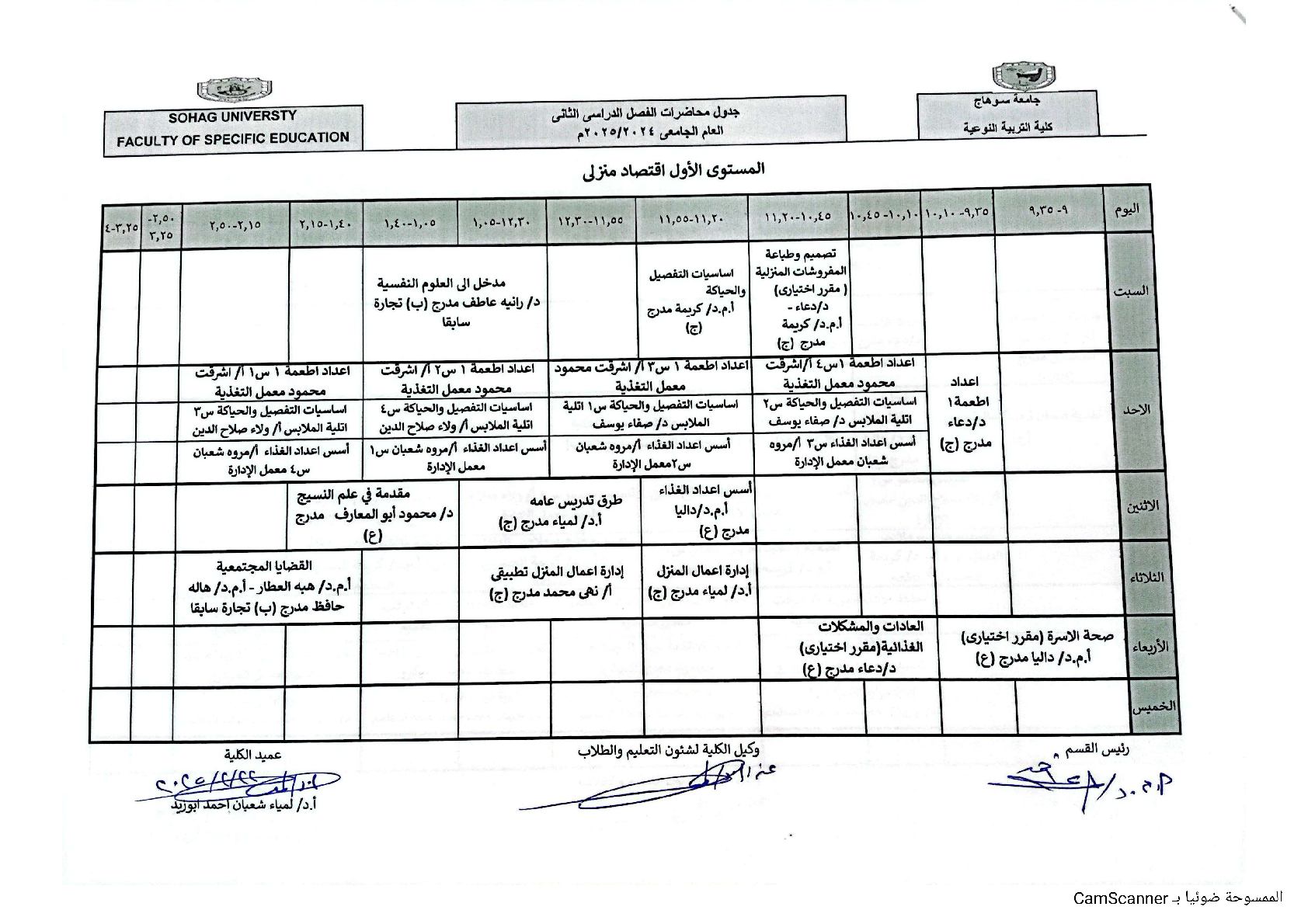 جدول محاضرات المستوى الأول اقتصاد منزلي