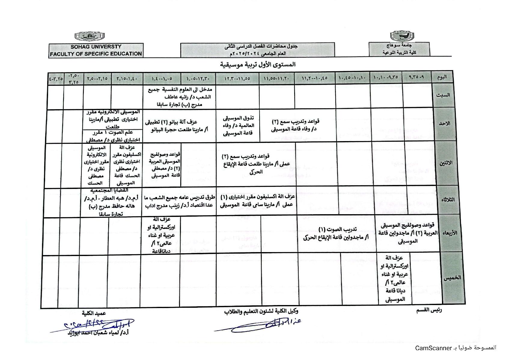 جدول محاضرات الفصل الدراسي الثاني اولي تربية موسيقيه