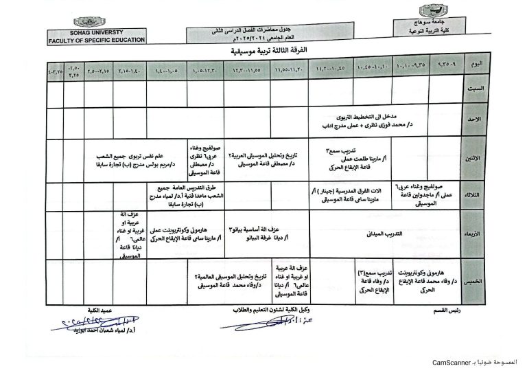 جدول محاضرات الفصل الدراسي الثاني ثالثه تربية موسيقيه