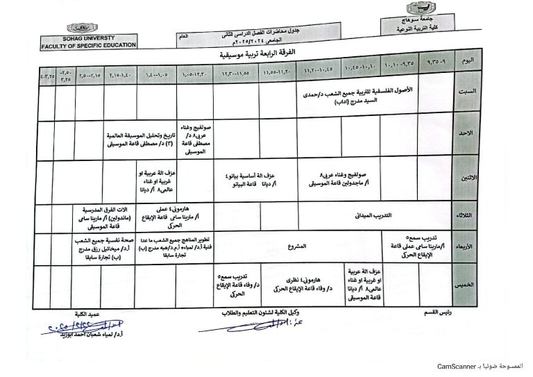 جدول محاضرات الفصل الدراسي الثاني رابعه تربية موسيقيه