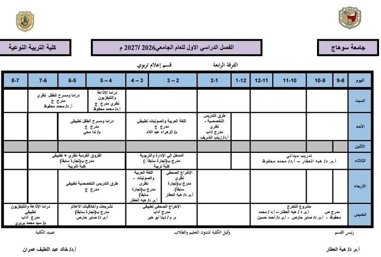 جدول قسم الإعلام التربوي الفصل الدراسى الأول